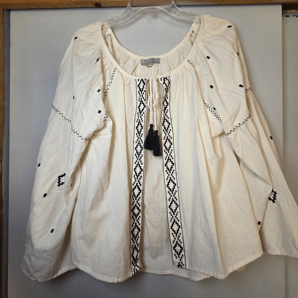 World Market Womens Cream Boho Top Size L/XL Cotton Linen Blouse Hippie Oversize
